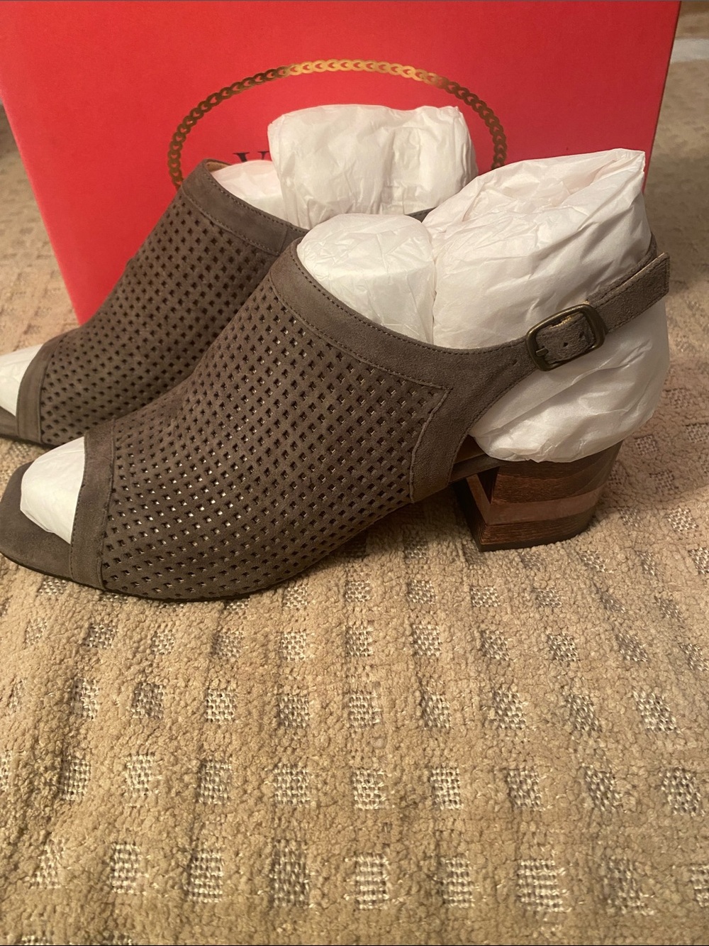 Vaneli Taupe Perforated Peep-Toe Slingback Mules